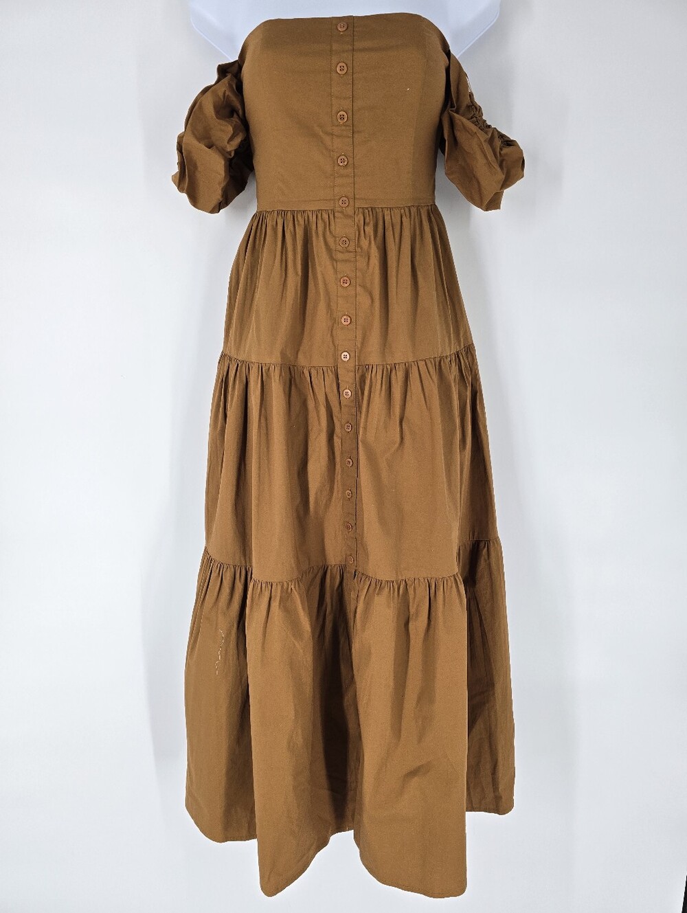 STAUD Elio Tan Cotton Layered Off Shoulder Midi Dress Size 0